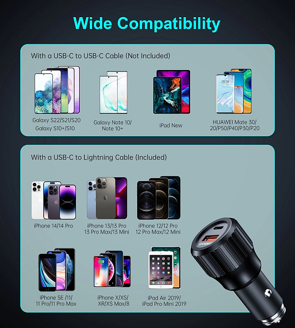 Автозарядка 2xUSB 63W (USB-C+USB-A) PD45W+QC3.018W чорна Choetech Винница - изображение 6