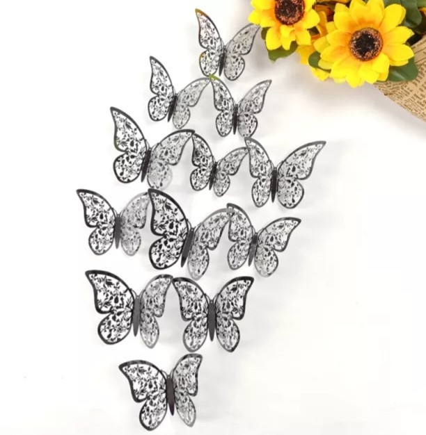 Декоративні метелики сірі мереживні, на скотчі, в наборі 12штук різних розмірів, пластик Київ - фото 1