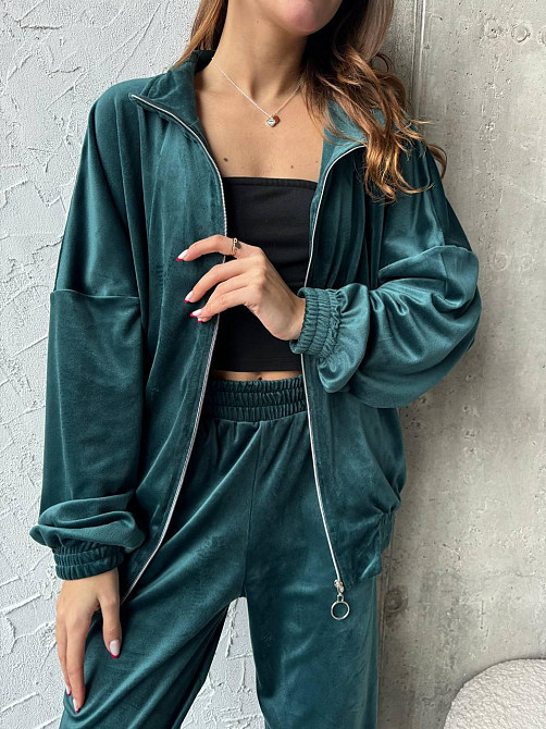 Жіночий прогулянковий костюм-двійка: кофта та штани з турецького велюру Смарагдовий, 46/48 Одеса - фото 4