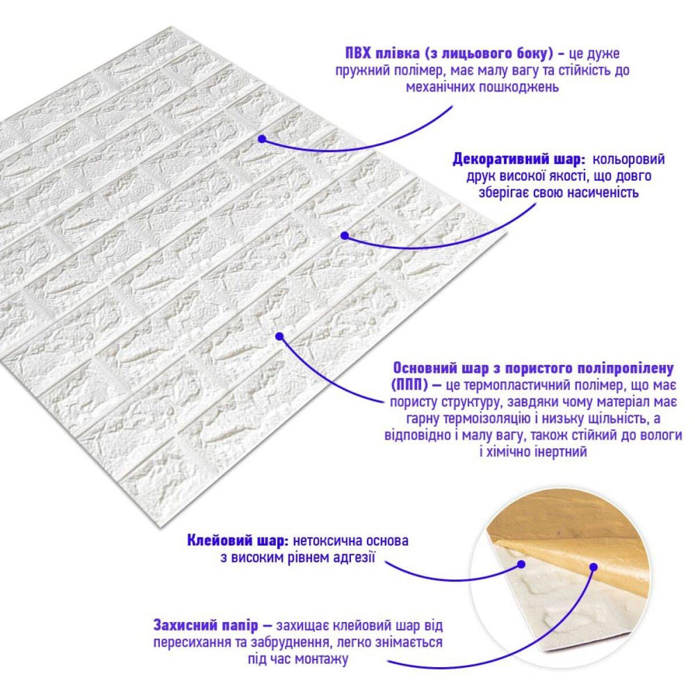 3D панель самоклеющаяся 700x770x7мм кирпич Белый (001-7) SW-00000047 Днепр - изображение 2