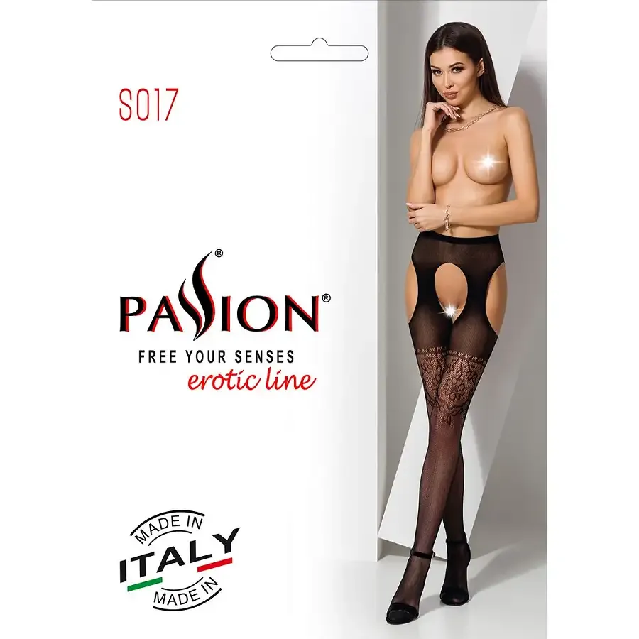 Колготки-бодістокінги з відкритим доступом Passion S017 One Size, Black, імітація панчіх та пояса Львів - фото 7