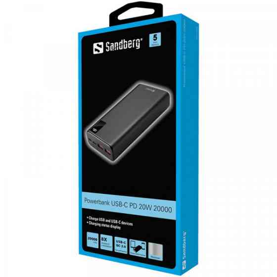 УМБ Sandberg 20000mAh 20W 3A PD,QC3.0, 2xUSB, Type-C OUT,PowerThru, метал. корпус Black Киев