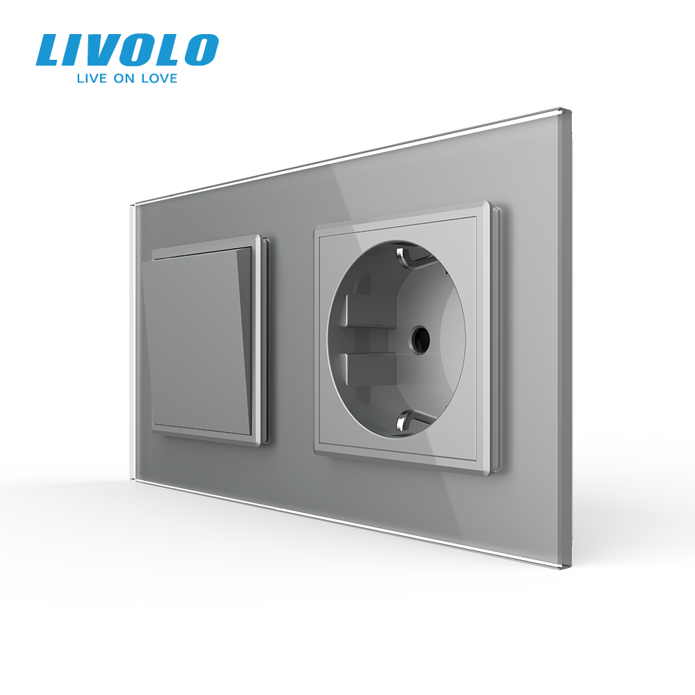 LIVOLO Одноклавішний вимикач з розеткою Livolo сірий скло (VL-C7C1EUK1-15) Коломия - фото 1