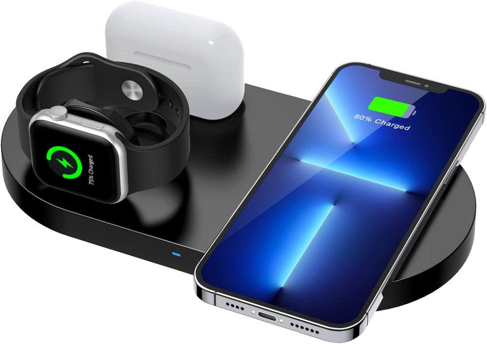Беспроводная зарядная станция 3 в 1 ESTAVEL Black Fast Wireless Charger (15 Вт, Qi док-станция) для iPhone, Samsung, Apple Watch, Киев - изображение 1