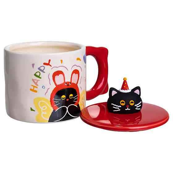 Кубок порцелянова з кришкою Kitten's Birthday 400 (мл) подарункова кружка прикольна чашка для дітей на подарунок Червоний FM-24D Коломия