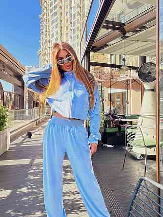 Жіночий стильний повсякденний костюм із ніжного велюру Блакитний, 46/48 Одеса