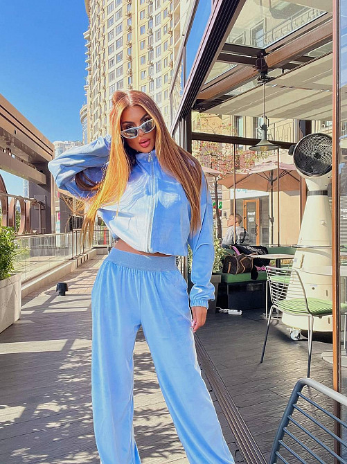 Жіночий стильний повсякденний костюм із ніжного велюру Блакитний, 46/48 Одеса - фото 3