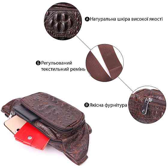 Модная поясная сумка из натуральной кожи с фактурой под крокодила 21298 Vintage Коричневая Киев