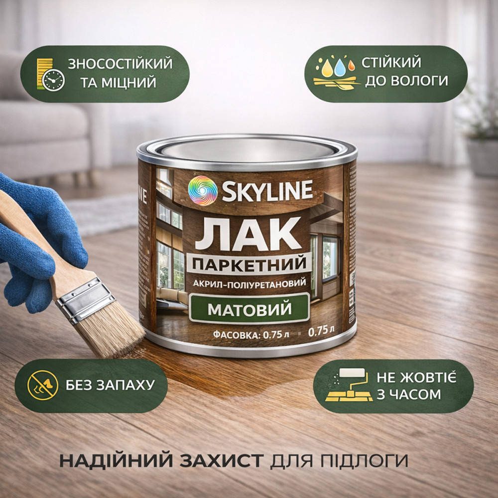 Лак для підлоги матовий Skyline паркетний, акрил-поліуретановий, водний, зносостійкий, без запаху, 750 мл Харків - фото 2