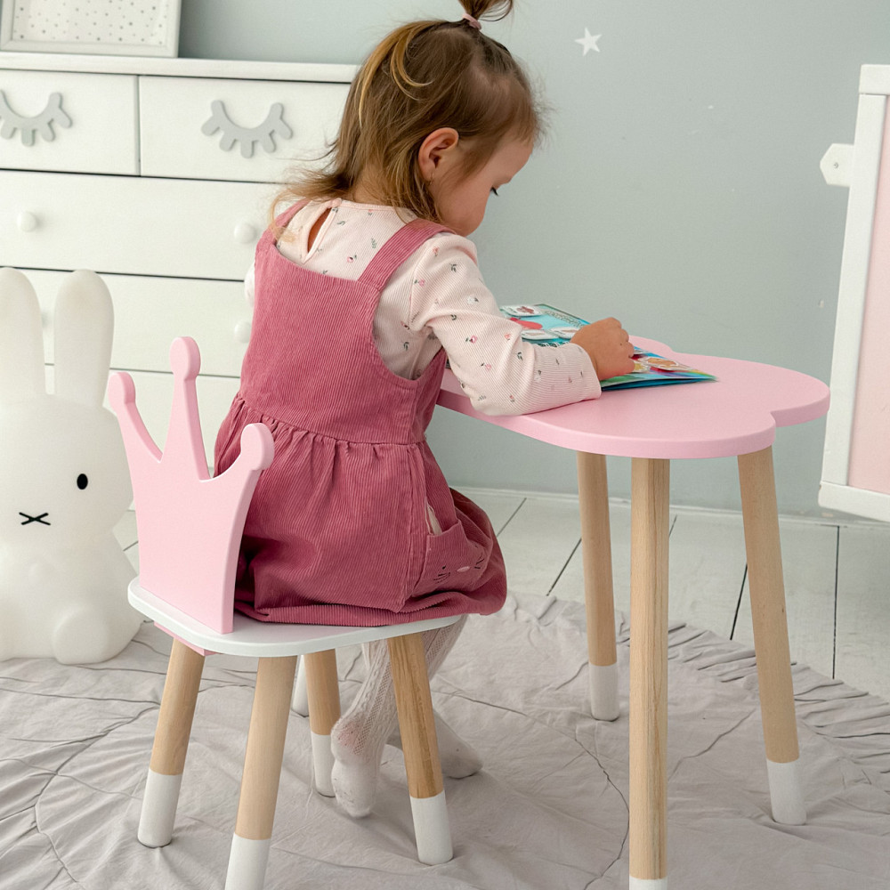 Функціональний дитячий комплект дерев'яний столик з ящиком та ергономічний стільчик Стіл хмарка та стілець дитячий корона Київ - фото 7