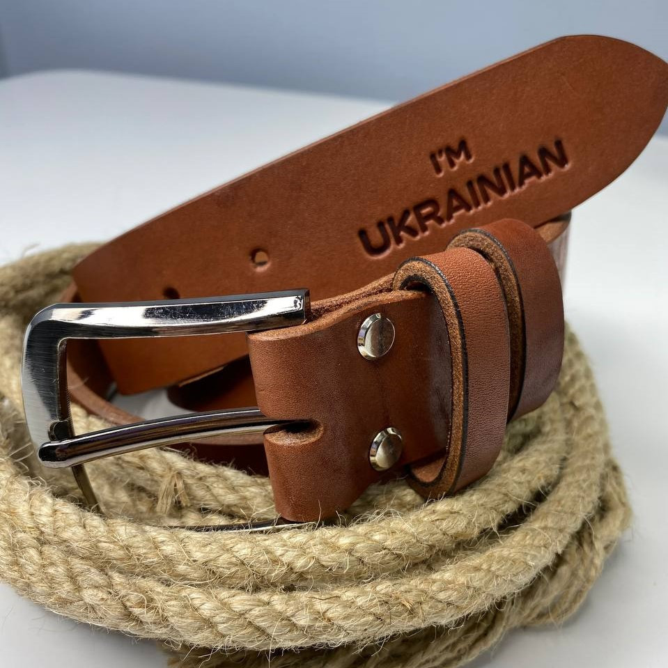 Чоловічий ремінь з натуральної шкіри для джинсів, шкіряний пояс з тисненням Im Ukrainian, коричневийMasterSem Київ - фото 3