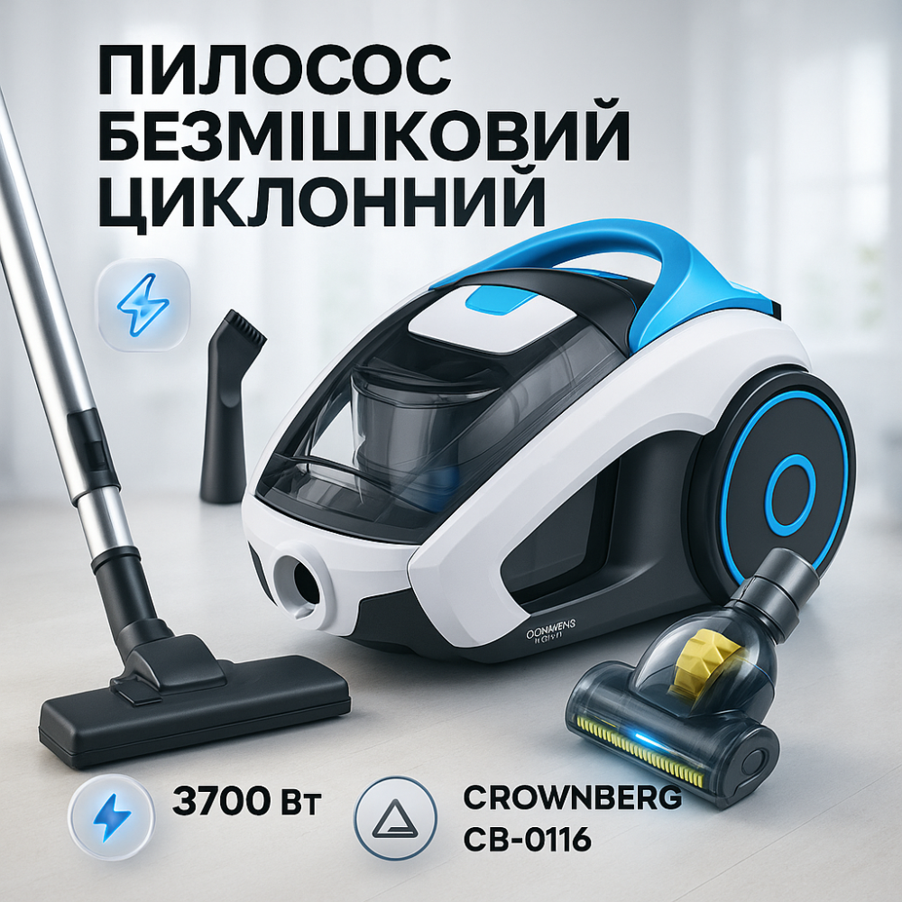Контейнерний пилосос циклонного типу без мішка Crownberg CB-0116 3700Вт 1.2л, Пилососи з колбою BX-19 Львів - фото 4