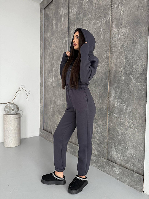 Женский теплый повседневный комбинезон с капюшоном трехнить на флисе Графит, 48/50 Одесса - изображение 7