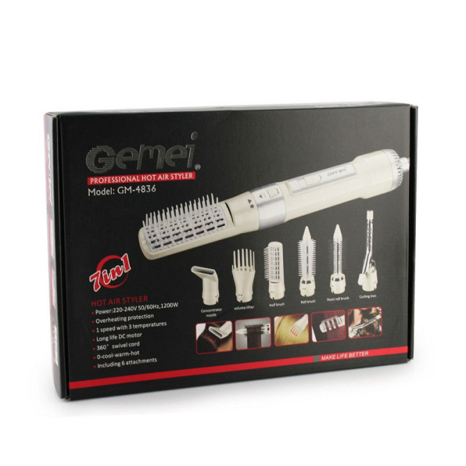 Фен для укладки волос GEMEI GM-4836 ,1200Вт , 1 скорость, 3 режима температуры, 6 насадок 7460 Киев - изображение 5