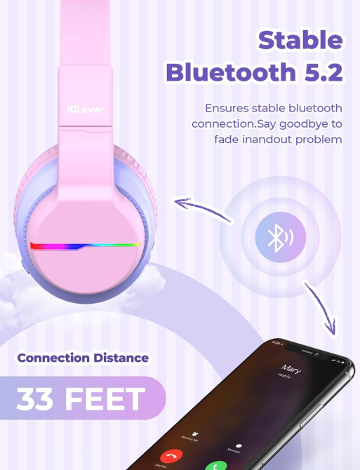 Детские Bluetooth-наушники iClever BTH12, 85 часов работы, Bluetooth 5.2, LED-подсветка, 40 мм, ограничение 74/85 дБ, розовые Киев - изображение 5