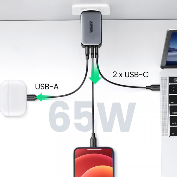 Зарядний пристрій 3xUSB 65W GaN (2хUSB-C+USB-A) CD244 Сірий Ugreen (10335) Киев - изображение 4