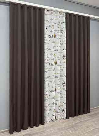 Комплект штор VR-Textil Лен Мешковина 150х270 2шт и Тюль 500х270 291ш-1791т Венге с белым 71-065/4 Киев