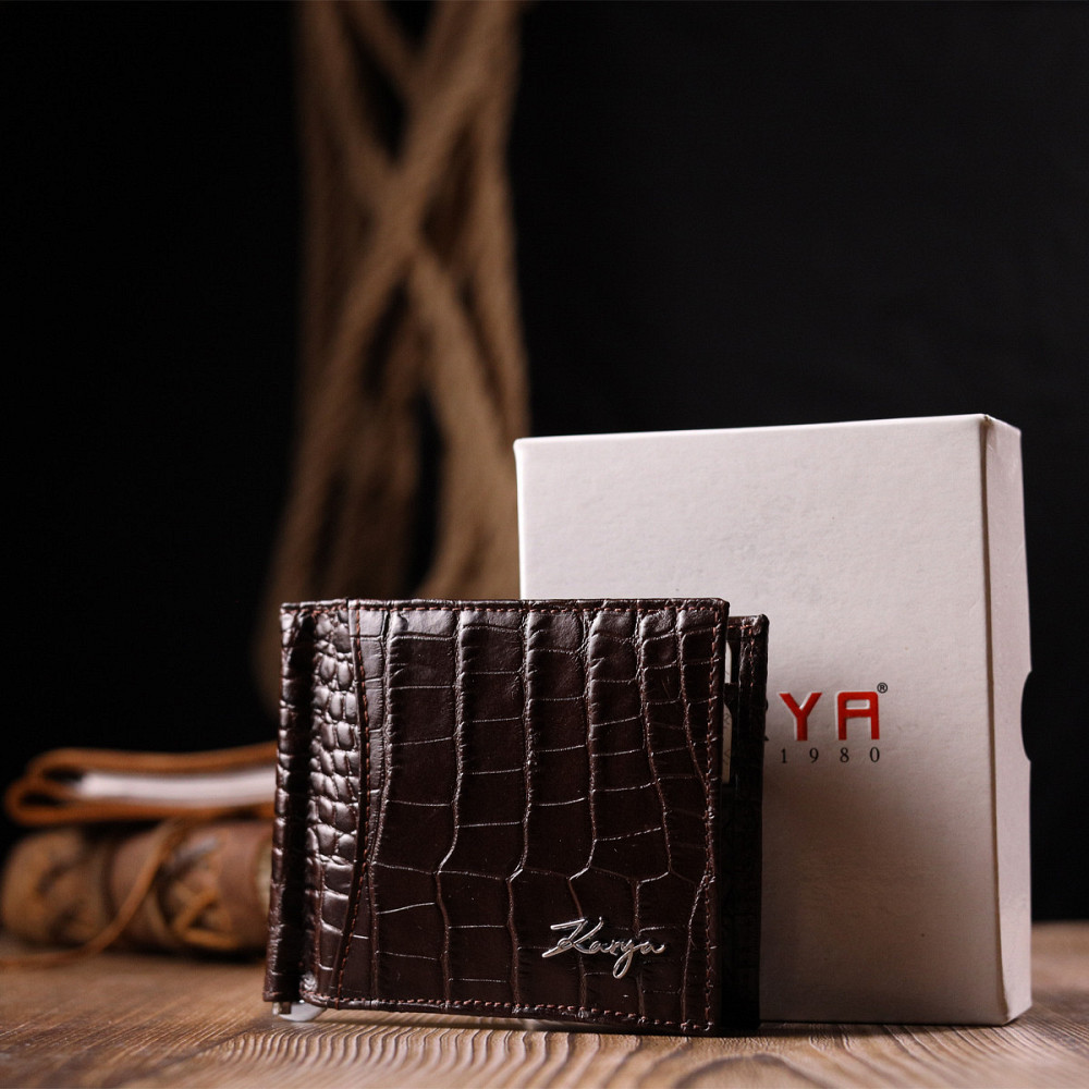 Превосходный мужской зажим из натуральной кожи с тиснением под крокодила KARYA 21119 Коричневый Киев - изображение 10