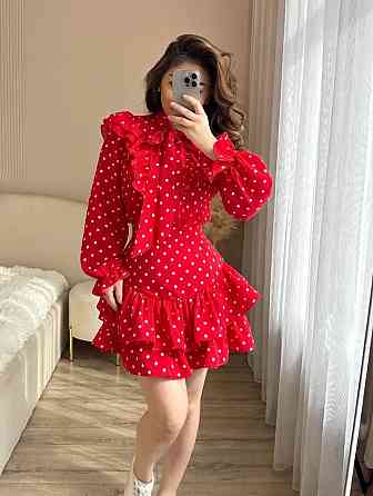 Женское стильное мини платье с принтом в горошек атлас Красный Одесса