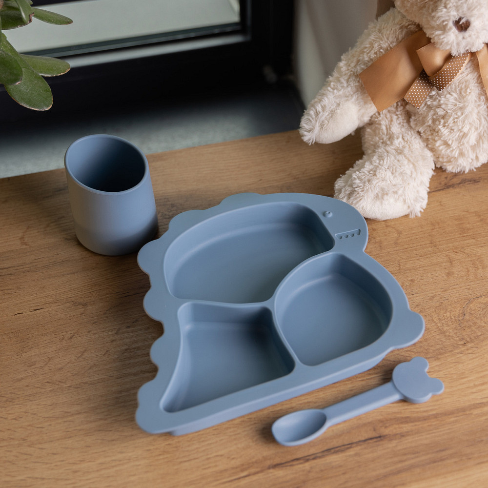 Дитячий набір силіконової посуди: чашка, тарілка, ложка, синій Київ - фото 1