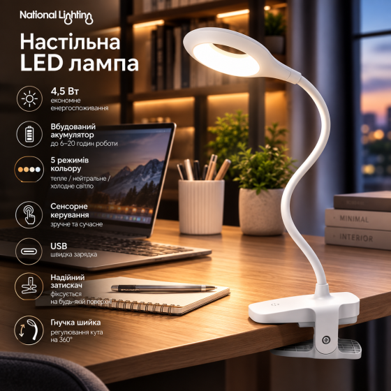 Настольная LED лампа National Lighting 4,5 Вт с аккумулятором, USB, сенсорным управлением, зажимом, гибкой шейкой, 5 цветов Киев