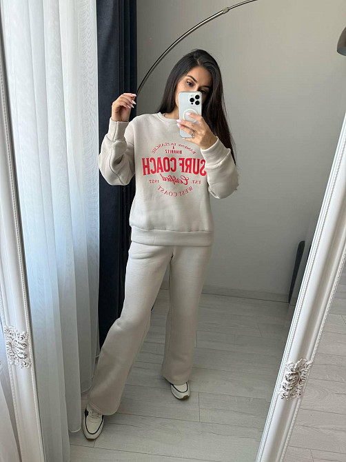 Жіночий теплий оверсайз костюм-двійка: кофта та штани турецька тринитка пеньє на флісі Молочний, 48/50 Одеса - фото 6