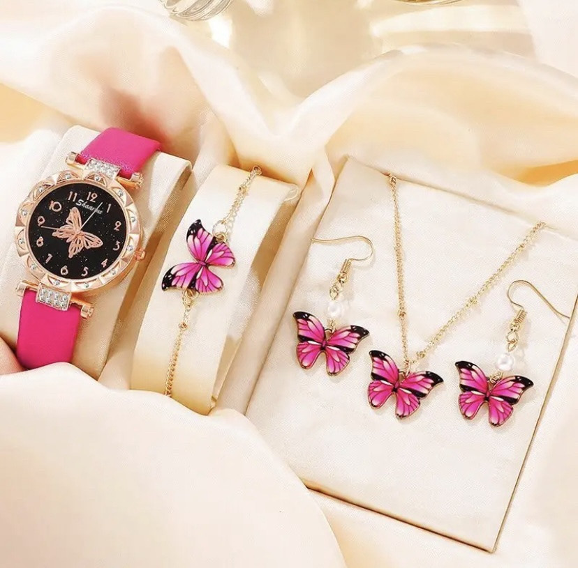 Подарочный набор для женщин Бабочка наручные часы браслет ожерелье и серьги- без подарочной коробки малиновый Киев - изображение 2
