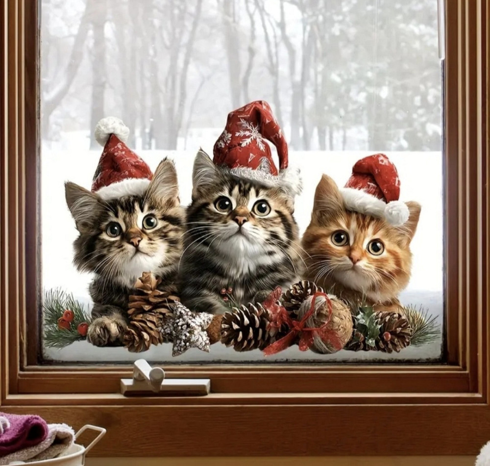 Новорічна наліпка на скло двостороння "Кошенята" Сміла - фото 1