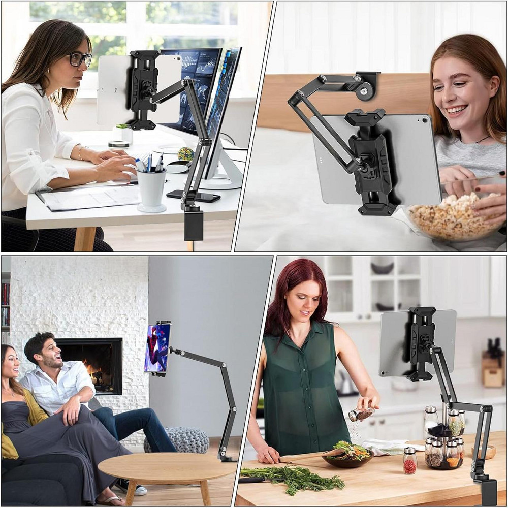 Тримач для планшета на стіл і ліжко 360° регульований для 4.7–13.5" алюмінієвий чорний Київ - фото 6