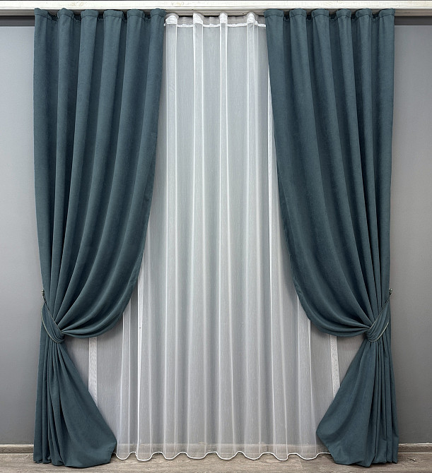 Комплект штор VR-Textil Мікровелюр Petek 150х270 2шт і Тюль 500х270 1489ш-1153т Сіро-блакитний з білим 71-033/4 Київ - фото 1