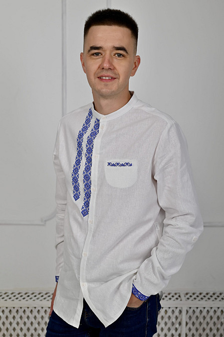 Вышиванка для мальчика Орнамент лен с голубым орнаментом Сумы - изображение 1