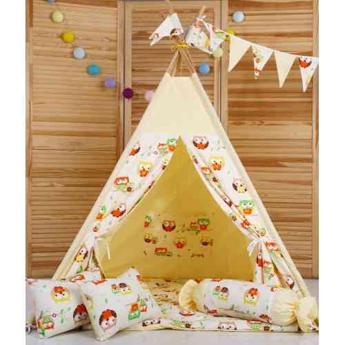 Вігвам Хатка комплект Бежеві Сови з подушкою — Великий 150*150 см Київ