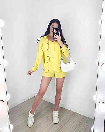 Жіночий легкий костюм-трійка: сорочка, майка та шорти креп жатка Лимонний, 44/46 Одеса