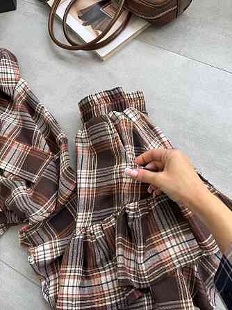 Женский костюм двойка: рубашка и юбка в клетку фланель Коричневый Одесса