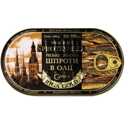 Рибні консерви Ризьке золото Шпроти в оливковій олії 190 г з ключем (4820062447485) Вінниця - фото 1