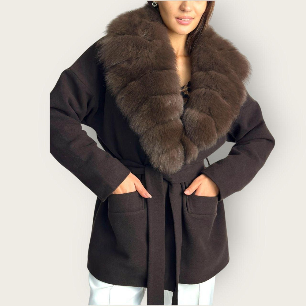 Женское пальто с меховым воротником Шоколадный, 50 Харьков - изображение 3