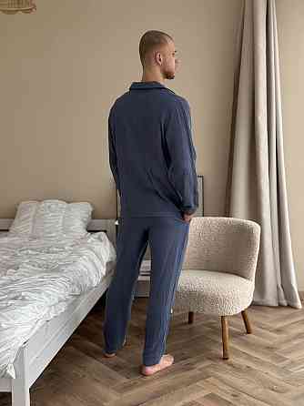 Мужской домашний костюм из муслиновой ткани на пуговицах Джинсовый M-L Харьков