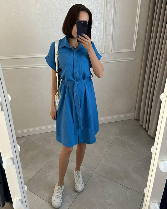 Женское легкое базовое платье халат с поясом на пуговицах турецкий натуральный хлопок - муслин 56/58, Синий Одесса - изображение 3