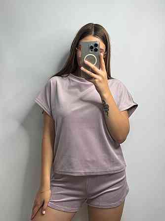 Піжама-комплект (футболка+шорти+штани) з плюшевого велюру Пудровий XL Харків