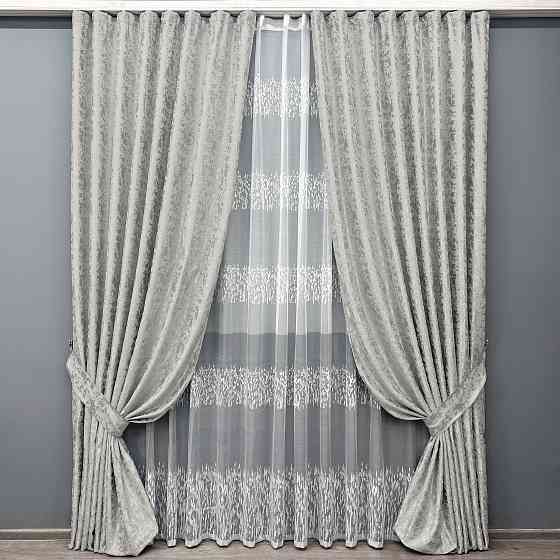Комплект штор VR-Textil Лен Мрамор 100х270 2шт и Тюль 400х270 1263ш-1675т Светло-серый с белым 71-168/2 Киев