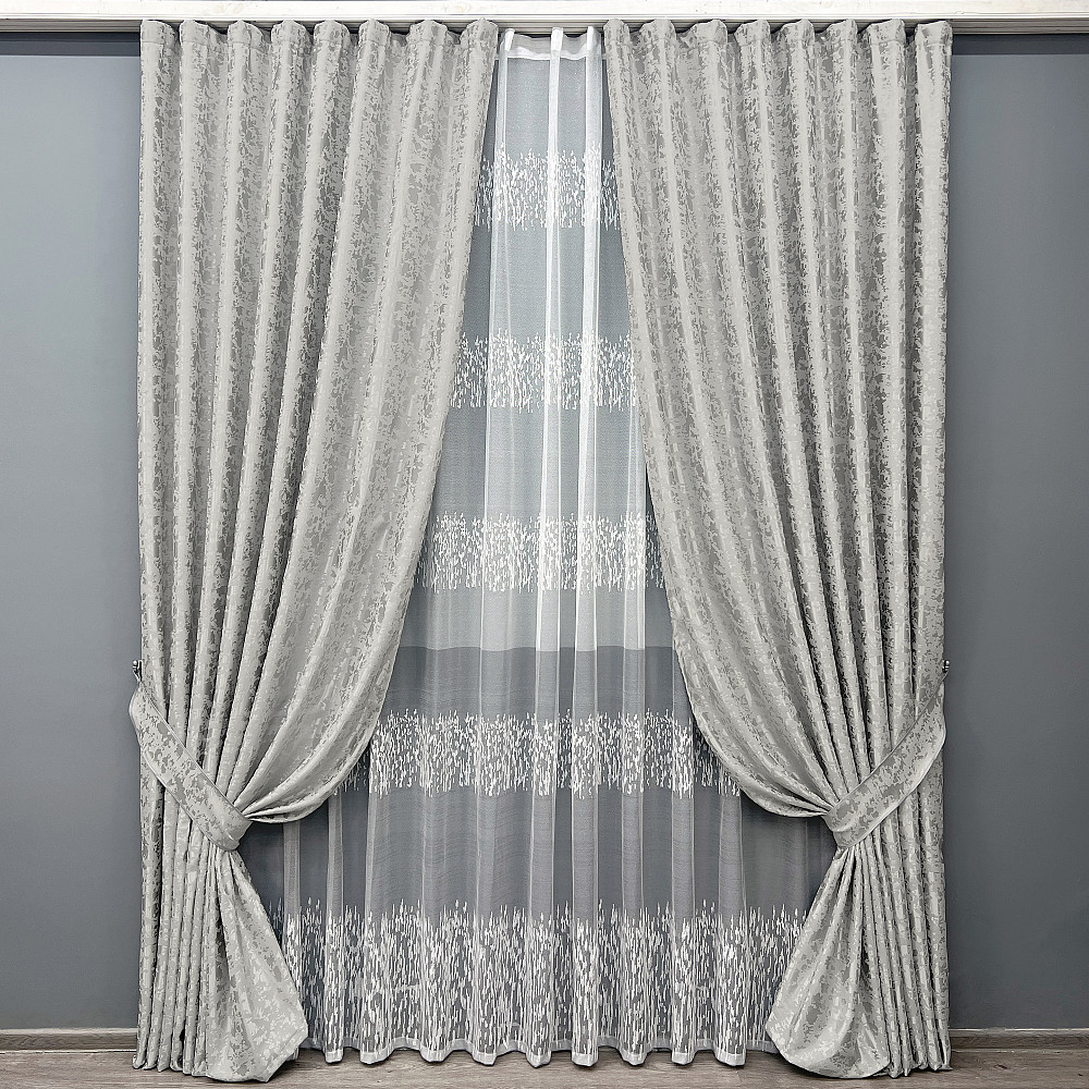 Комплект штор VR-Textil Льон Мармур 100х270 2шт і Тюль 400х270 1263ш-1675т Світло-сірий з білим 71-168/2 Київ - фото 1