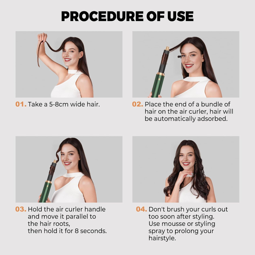Фен-стайлер OKWRAP Hair Styler 5 в 1, 1000 Вт, фен-щітка з Coanda, 3 режими, іонізація, насадки для локонів, зелений Київ - фото 5