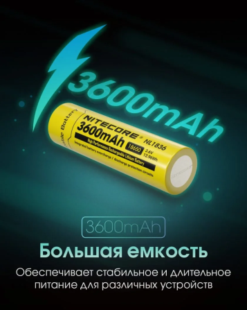 Акумулятор Li-Ion 18650 Nitecore NL1836 3.6V 3600mAh захищений (Жовтий) Вінниця - фото 11
