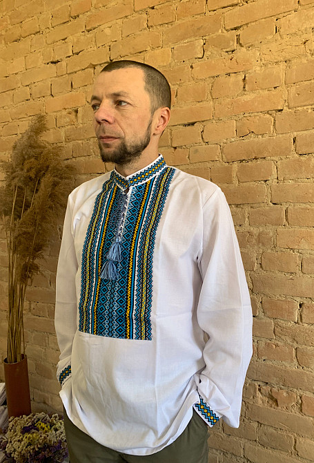 Вишиванка  на домотканому полотні синьо жовтий орнамент Київ - фото 2