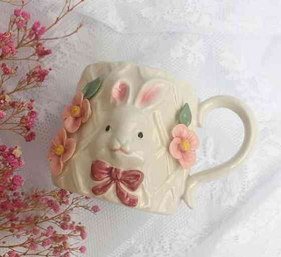Керамическая кружка с кроликом в винтажном стиле 330 мл (Розовый) Винница