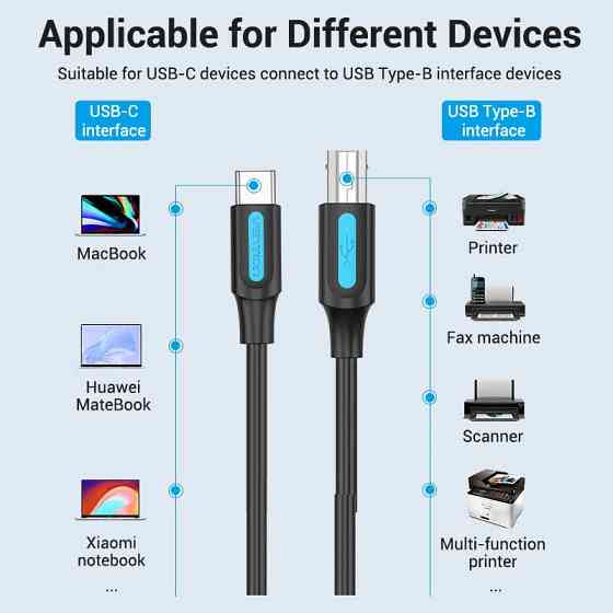 Кабель USB 2.0 Type-C M - USB BM, 2.0 м 2.4А Printer cable Vention Вінниця