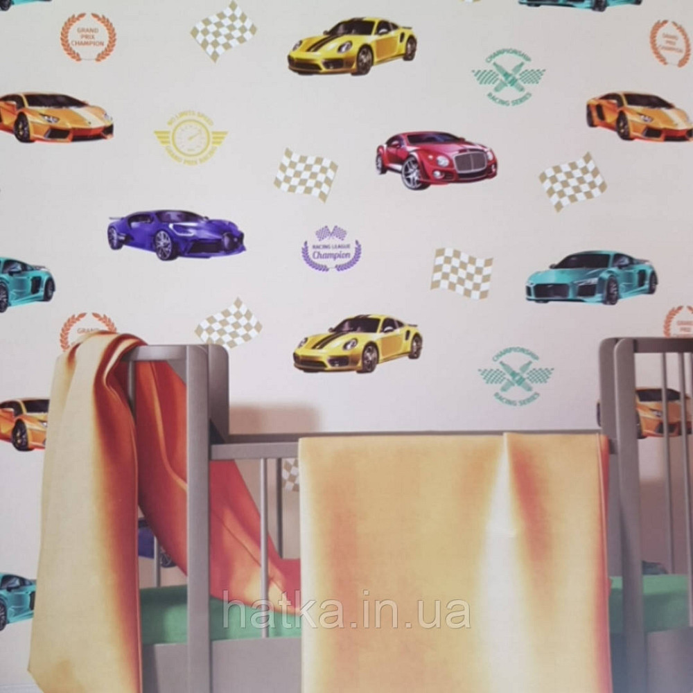 Шпалери вінілові на флізеліні AdaWall Ada Kids метрові дитячі для хлопчиків перегонові машини написи на бежевому Київ - фото 1