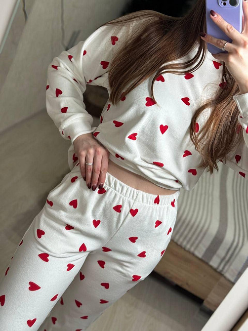 Женский уютный домашний костюм двойка с сердечками турецкий плюш-велюр Молочный, 42/44 Одесса - изображение 4