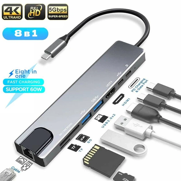 Многофункциональный USB Type-C хаб 8 в 1 с HDMI 4K, PD 87W, RJ45 Ethernet, USB 3.0, USB-C 10Gbps, SD/TF кардридер Киев - изображение 2