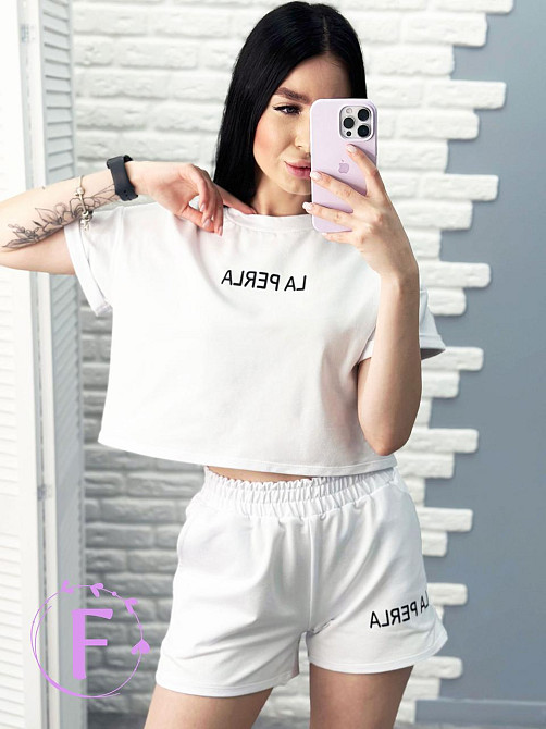 Костюм спортивний з шортами "La perla" оптом | Розпродаж моделі Білий, 46-48 Київ - фото 4